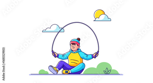 Animated Illustration Of A Person Exercising Outdoors With a Skipping Rope, Cheerful