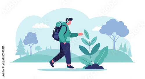 Adventurous Hiker Exploring Nature With Headphones For A Peaceful Experience