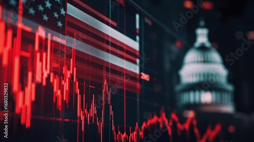 A red and white American flag is shown in front of a building with a large dome. The image is of a stock market graph with a red line that is below the flag. Scene is one of financial uncertainty