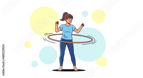 Animated illustration of a woman spinning a hula hoop for fitness and wellness