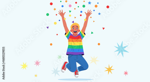 Animated Illustration of Joyful Young Person Celebrating Surrounded by Confetti and Stars