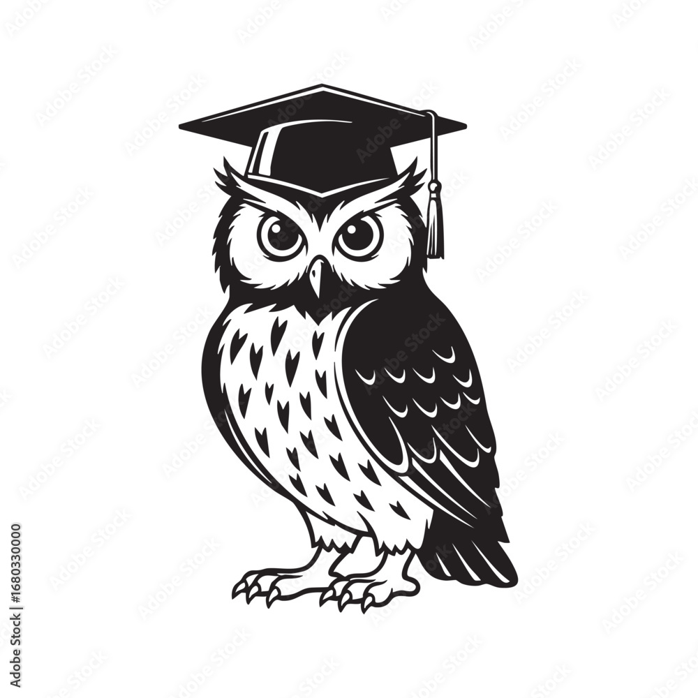 Obraz premium A cartoon owl wearing a graduation cap, symbolizing wisdom and academic achievement isolated on white background