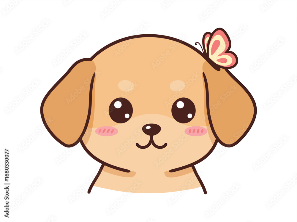 Fototapeta premium Cute сartoon puppy dog mascot with butterfly on head