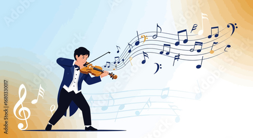 Animated Musician Performing Violin, Creating Harmonious Melodies with Musical Notes