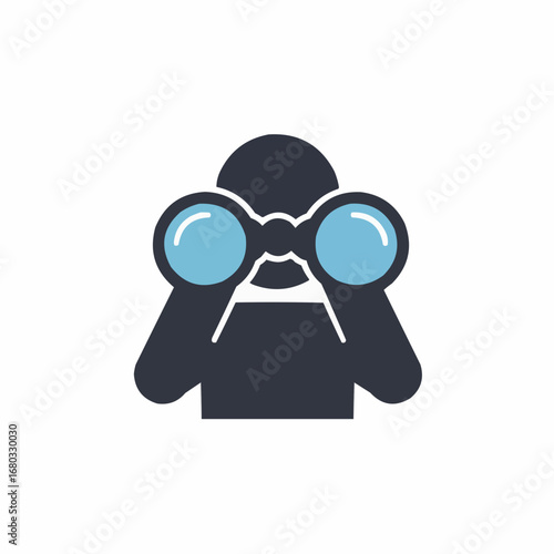 Silhouette of a person using binoculars, looking ahead, on a white background.