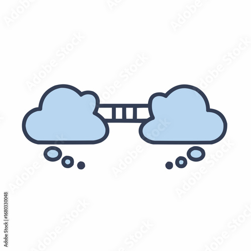 Two stylized cloud thought bubbles connected by a bridge, representing ideas.