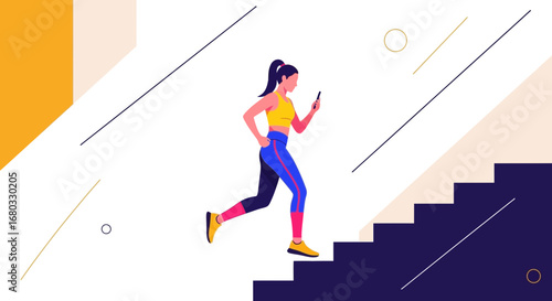 Animated Woman Exercising Running Up Down Steps Using Phone, Fitness And Technology Concept