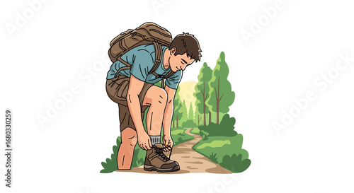 Adventurous Hiker Prepares to Set Out on a Forest Path, Lacing Up His Boots