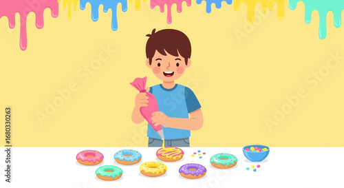Animation of a child decorating donuts with frosting and sprinkles for a snack