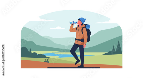 Adventurous Hiker Rehydrating With Water Bottle in Scenic Mountainous Landscape