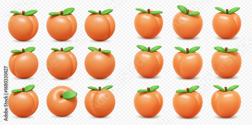 A collection of vibrant 3D rendered cartoon peaches with green leaves on a transparent background.