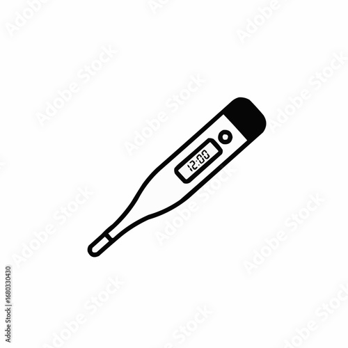 Simple black and white illustration of a digital thermometer, showing a temperature reading.