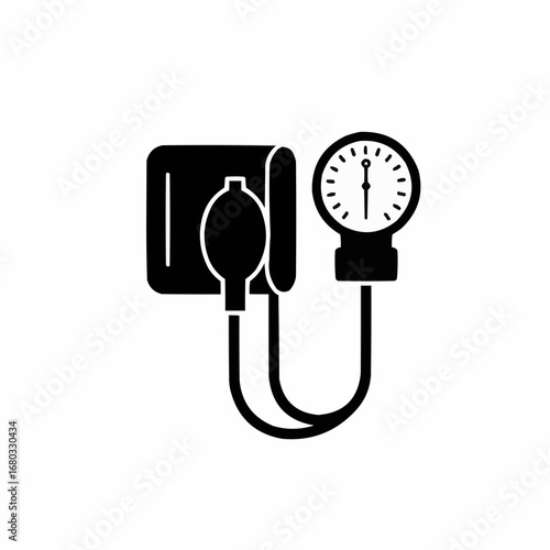Black silhouette of a sphygmomanometer, medical device for measuring blood pressure, on a white background.
