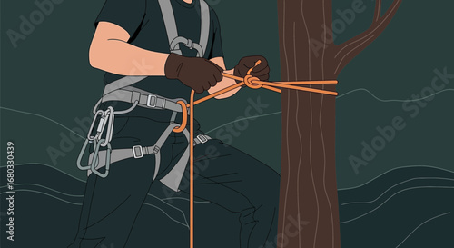 Arborist Crafts Rope Knotting Technique With Safety Harness for Tree Climbing Activities