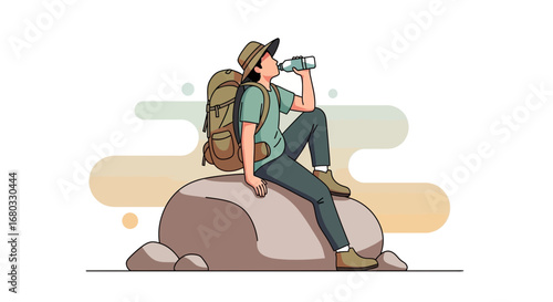 Adventurous Hiker Resting On A Rock While Refreshing With His Water Bottle Image