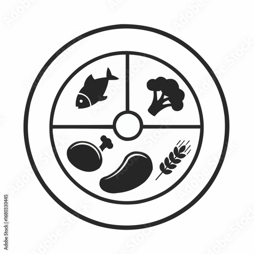 A circular graphic depicting a balanced diet, featuring icons for various food groups.