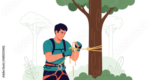 Arborist Engaged in Knotting, Securing Rope Around a Tree, Vector Illustration Scene