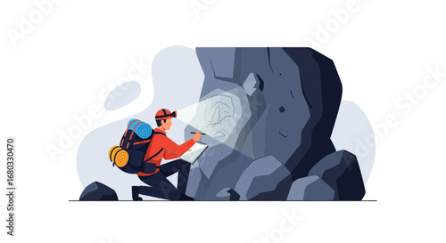 Archaeologist studying rock art in illustrated drawing style with backpack and torch