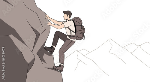 Adventurous Hiker Scaling Mountain Cliff Face, Reaching Destination with Determination