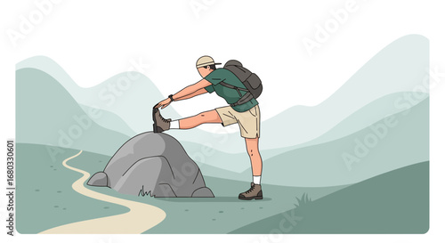 Adventurous Hiker Stretching Before Continuing Hike in Beautiful And Peaceful Landscape
