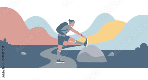 Adventurous Hiker Stretching On a Mountain Trail Prepares For Their Journey Ahead