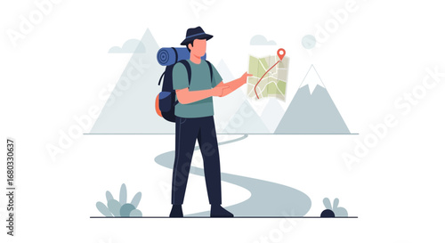 Adventurous Hiker Studying Map For Navigation In Mountainous Landscape Adventure Planning