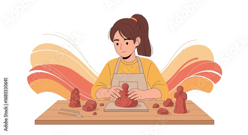 Artisan Creating Sculptures: A Woman Shaping Clay with Artistic Precision and Passion