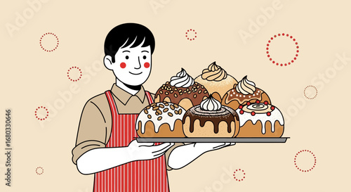 Artisan Serving a Variety of Freshly Baked Pastries on a Tray for Customers to Enjoy