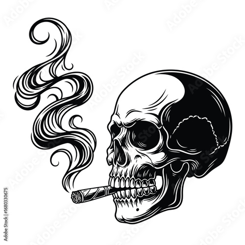 Vector art of a striking black and white illustration of a skull smoking a cigar, with swirling smoke emanating from its mouth, conveying a sense of danger or rebellion