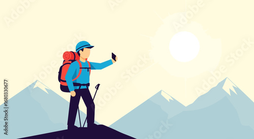 Adventurous Hiker Takes Self Portrait Against Stunning Mountain Peaks Backdrop