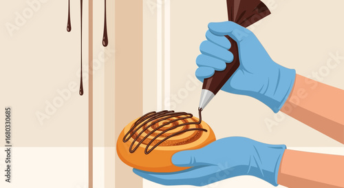 Artisanal Pastry: Expert Hand Decorating a Baked Sweet Roll with Swirls of Chocolate