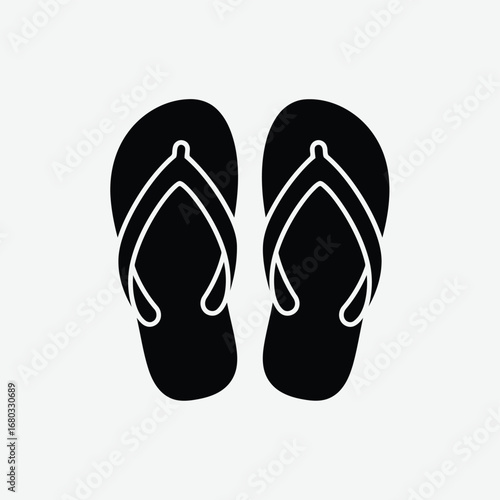Vector art of a pair of black flipflops, depicted as a simple silhouette, suggesting summer, beach, and casual footwear