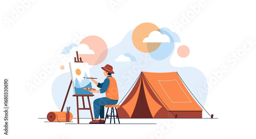 Artist Camping And Painting Landscape With Tent And Outdoors Scenery Illustration