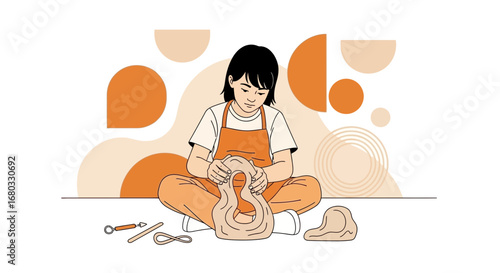 Artisan Youngster Sitting and Sculpting Clay with Artistic Tools in a Calm, Relaxed Manner