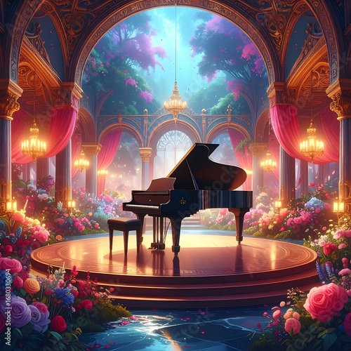 Grand piano in ornate hall, magical ambiance