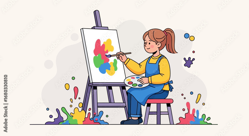 Fototapeta premium Artist Joyfully Paints Colorful Artwork On Canvas, Creative Process Flowing With Enthusiasm