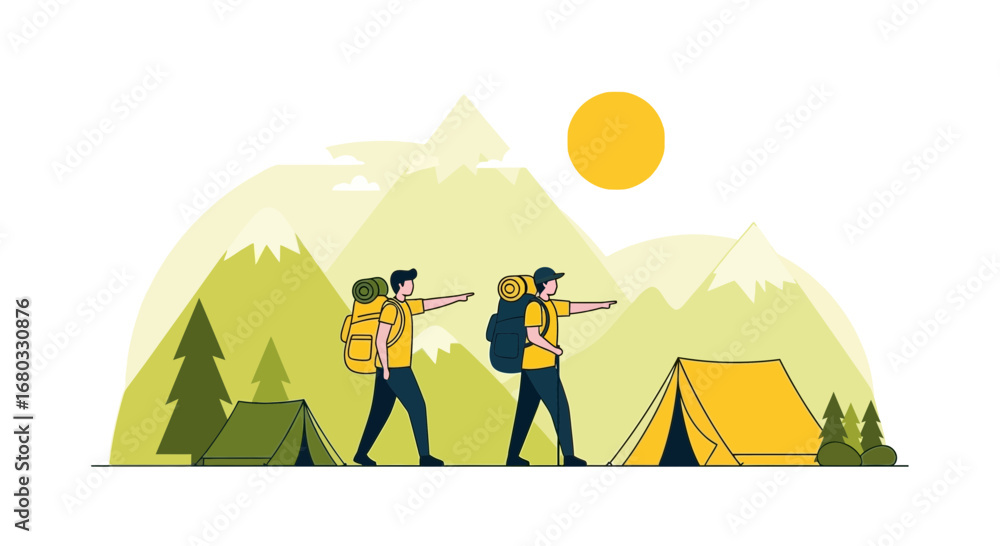 Fototapeta premium Adventurous Hikers Explore The Majestic Mountains Under A Brilliant Sunny Sky