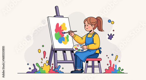 Artist Joyfully Paints Colorful Artwork On Canvas, Creative Process Flowing With Enthusiasm