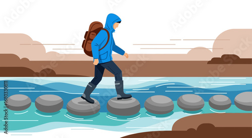 Adventurous Hiker Walking Across Stone Pathway Over Water With Backpack During Daytime