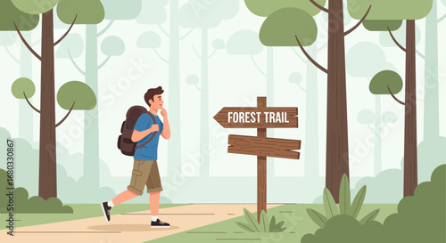 Adventurous Hiker Walking Towards Forest Trail Exploring Nature In Tranquil Outdoors