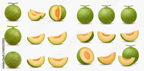 Various green cantaloupe melons displayed whole, halved, and in juicy slices, set against a transparent background.