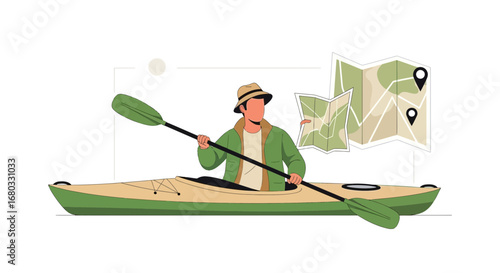 Adventurous Kayaker Exploring the Water with a Map, Seeking Discoveries and New Horizons