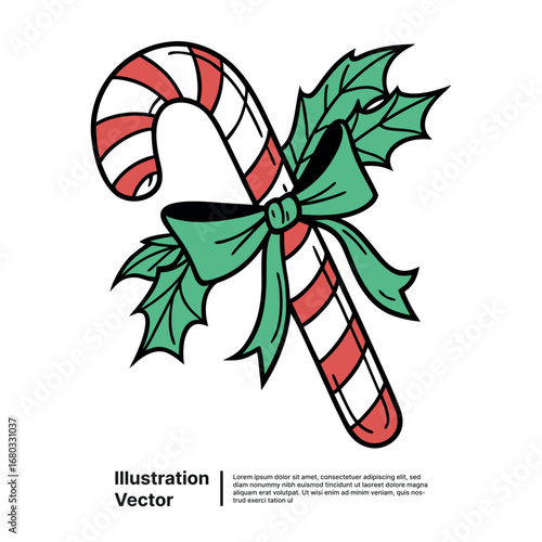 Christmas Candy Cane with Holly and Bow Festive Holiday Illustration