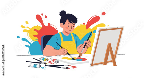 Artist Painting with Brushes and Paints Depicted with Abstract Colorful Splashes
