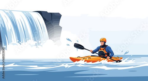 Adventurous Kayaker Navigates Waterfalls, Enjoying Thrilling Aquatic Recreational Activities