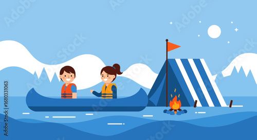 Adventurous Kayaking Couple Camping With Tent And Bonfire Under The Night Sky