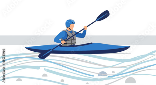 Adventurous Kayaker Navigating Blue Waters with Paddle and Safety Gear, Vector Illustration