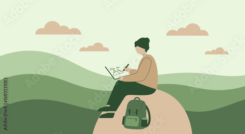 Artist Sketching Mountain Landscape While Outdoors With Backpack and Green Nature Scene