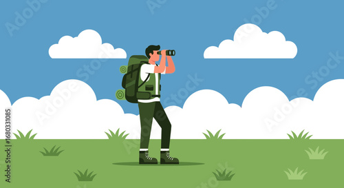 Adventurous Male Hiker Observing Landscape with Binoculars on Sunny Day Under Beautiful Sky