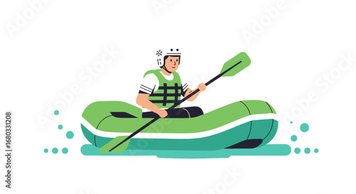 Adventurous Man Paddles Raft Through Turquoise Waters for Outdoor Exploration